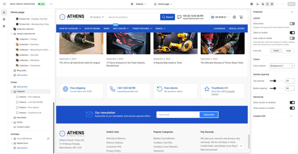 Screenshot of theme editor showing Features section and its settings.