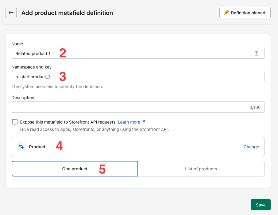 Screenshot of the form for adding a new product metafield definition.