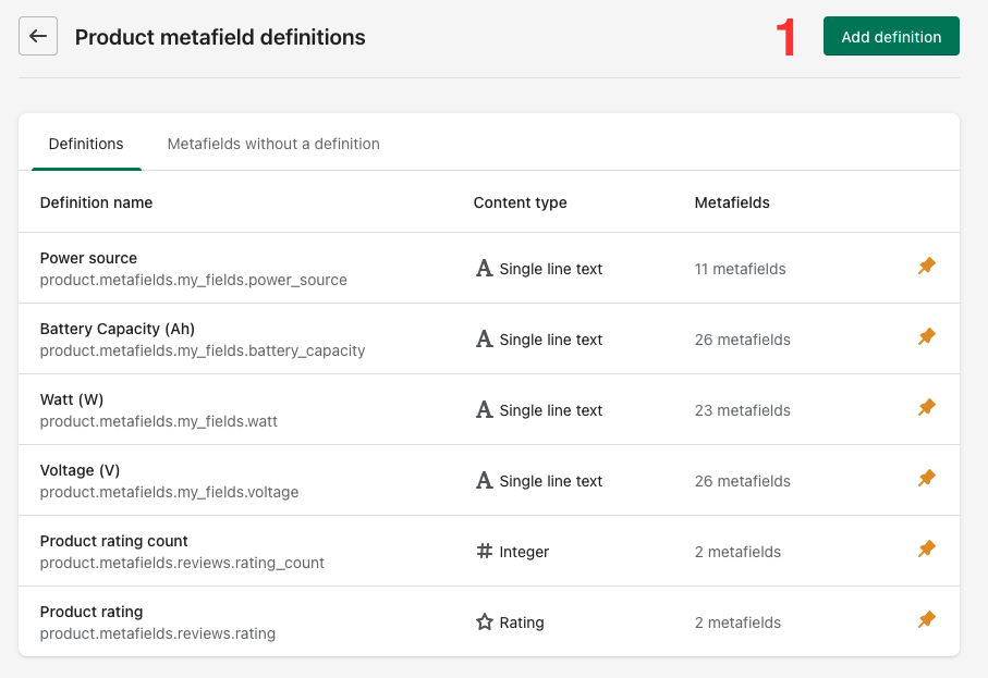 Screenshot of product metafields definitions with sample products enlisted. 