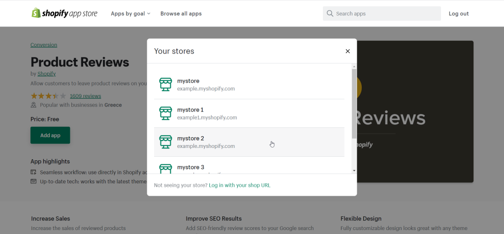 Screenshot of Shopify app store page showing the store selection popup dropdown list.