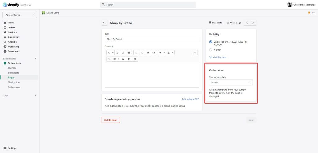 Screenshot of Shopify Admin, showing how to set brands page template.