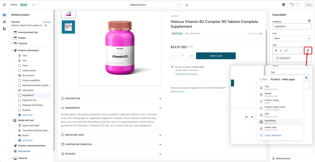 Screenshot of theme editor showing how to add a product metafield to a product page.