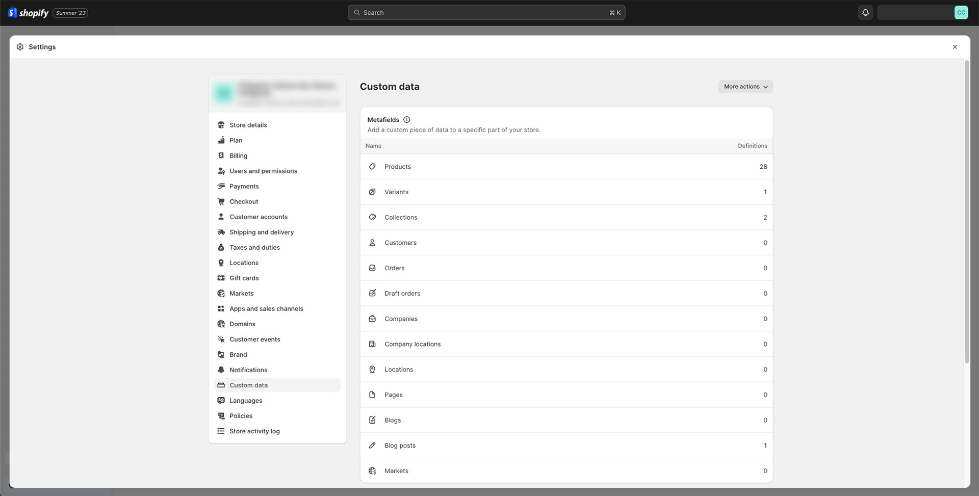 Screenshot of admin settings page showing Custom data Metafields list.