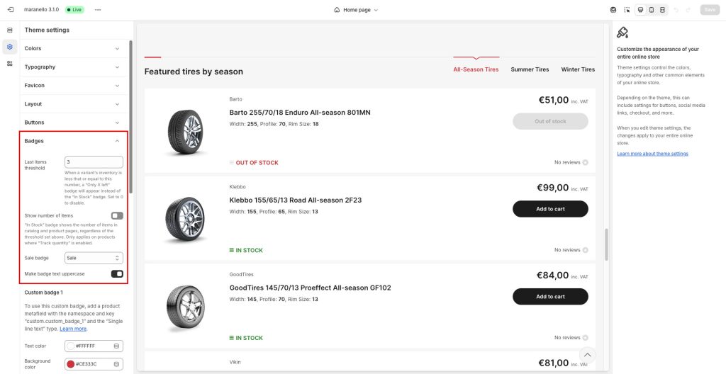 Screenshot of customization page showing badges settings.