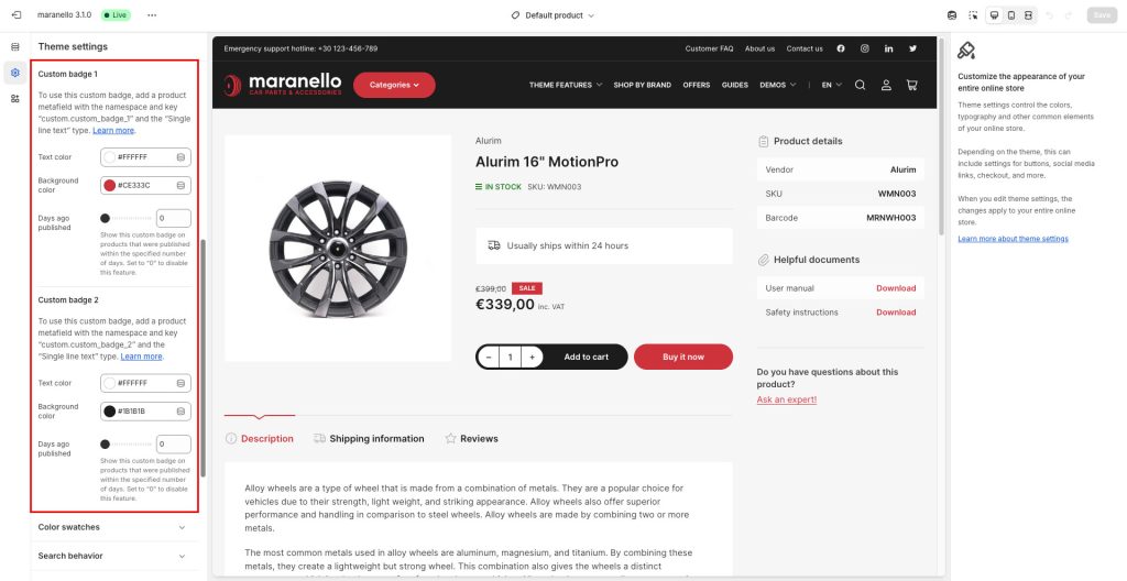 Screenshot of customization page showing custom badges settings.