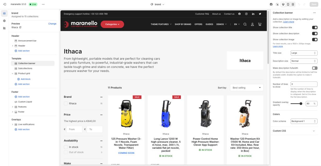 Screenshot of theme editor, showing Collection Banner section and its settings.