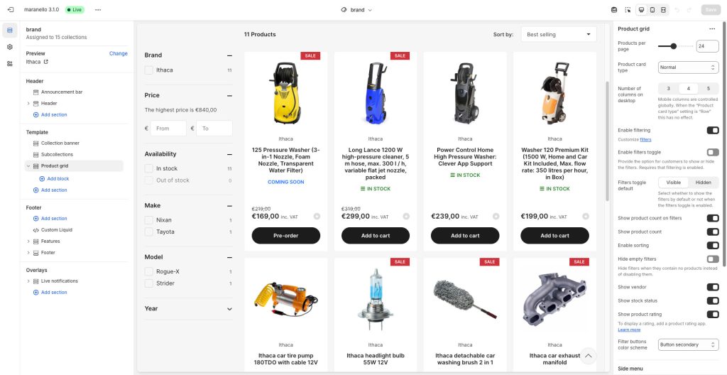 Screenshot of theme editor, showing Product Grid section and its settings.