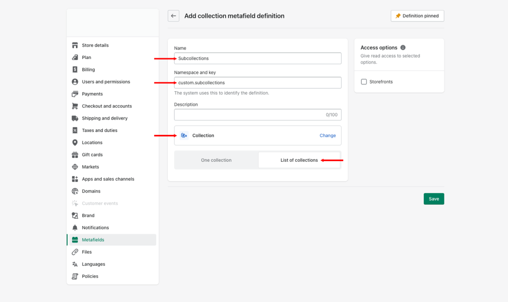Screenshot of Admin Custom Data settings page showing how to add a new Subcollections Collection metafield definition.