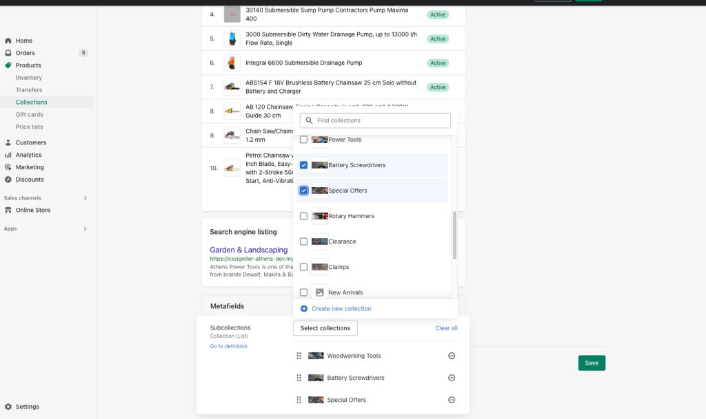 Screenshot of Admin Collections settings page showing how to add a Subcollections metafield to a Collection.