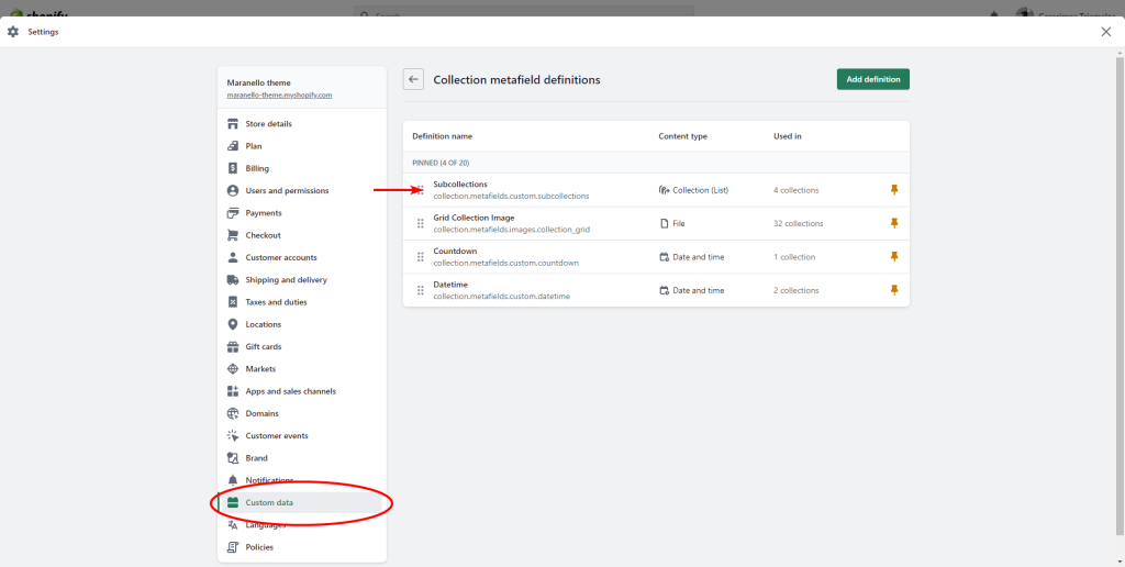 Screenshot of Admin Custom Data settings page showing all available Collection metafield definitions.