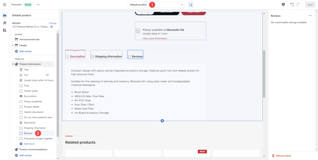 Screenshot of theme editor showing how to add Reviews block to product page.