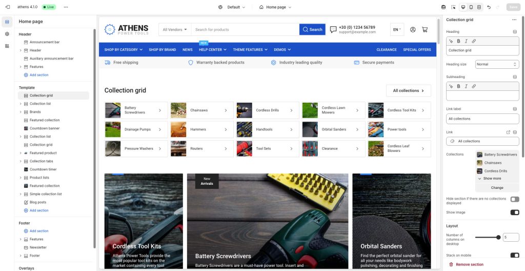 Screenshot of theme editor, showing Collection Grid and its settings.