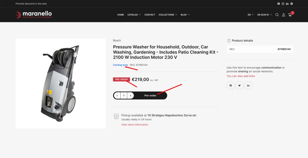 Screenshot of storefront showing a product with its badge set o Coming Soon and its button set to Pre-order.