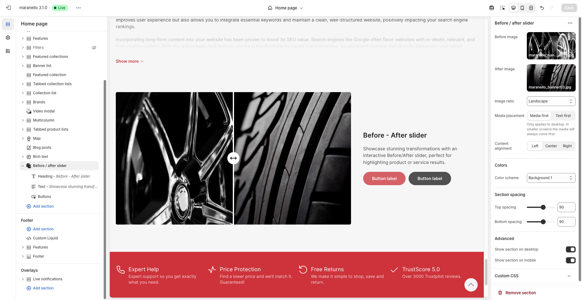 Screenshot of theme editor showing Before / After slider section and its settings.