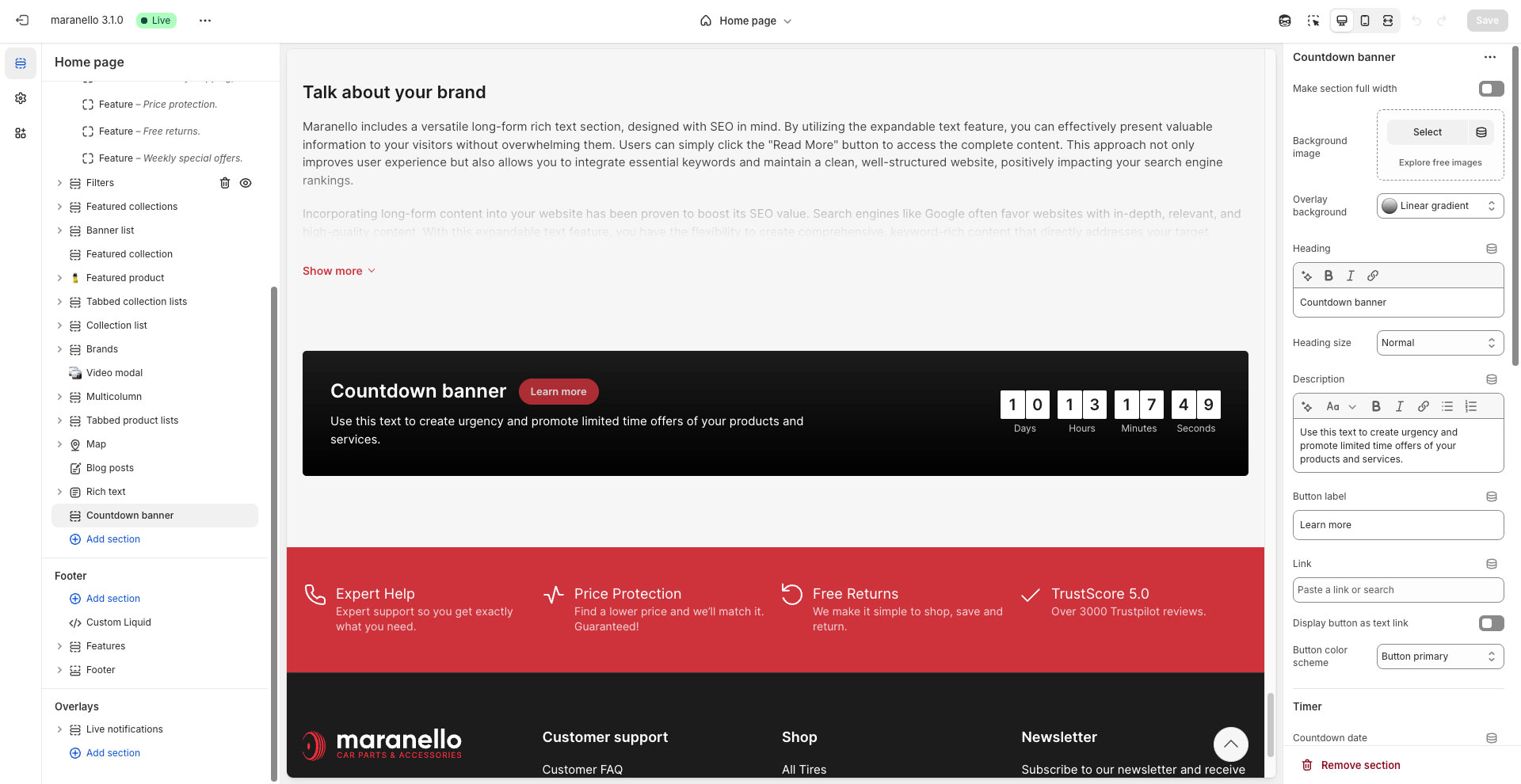 Screenshot of theme editor showing Countdown banner section and its settings.